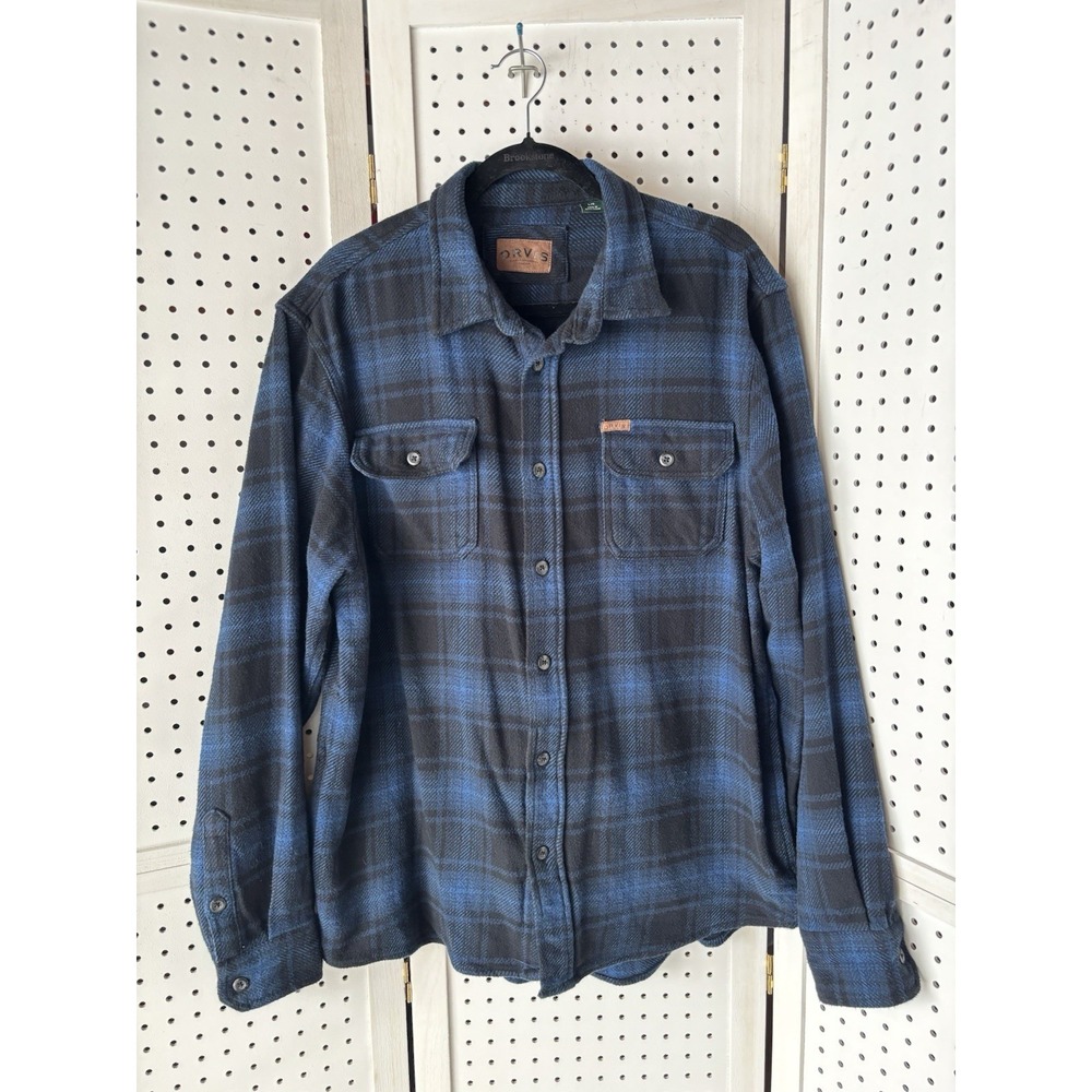 Orvis Men's Lg Blue Black Plaid Heavy Flannel Shirt Jacket Cotton Shacket Button
